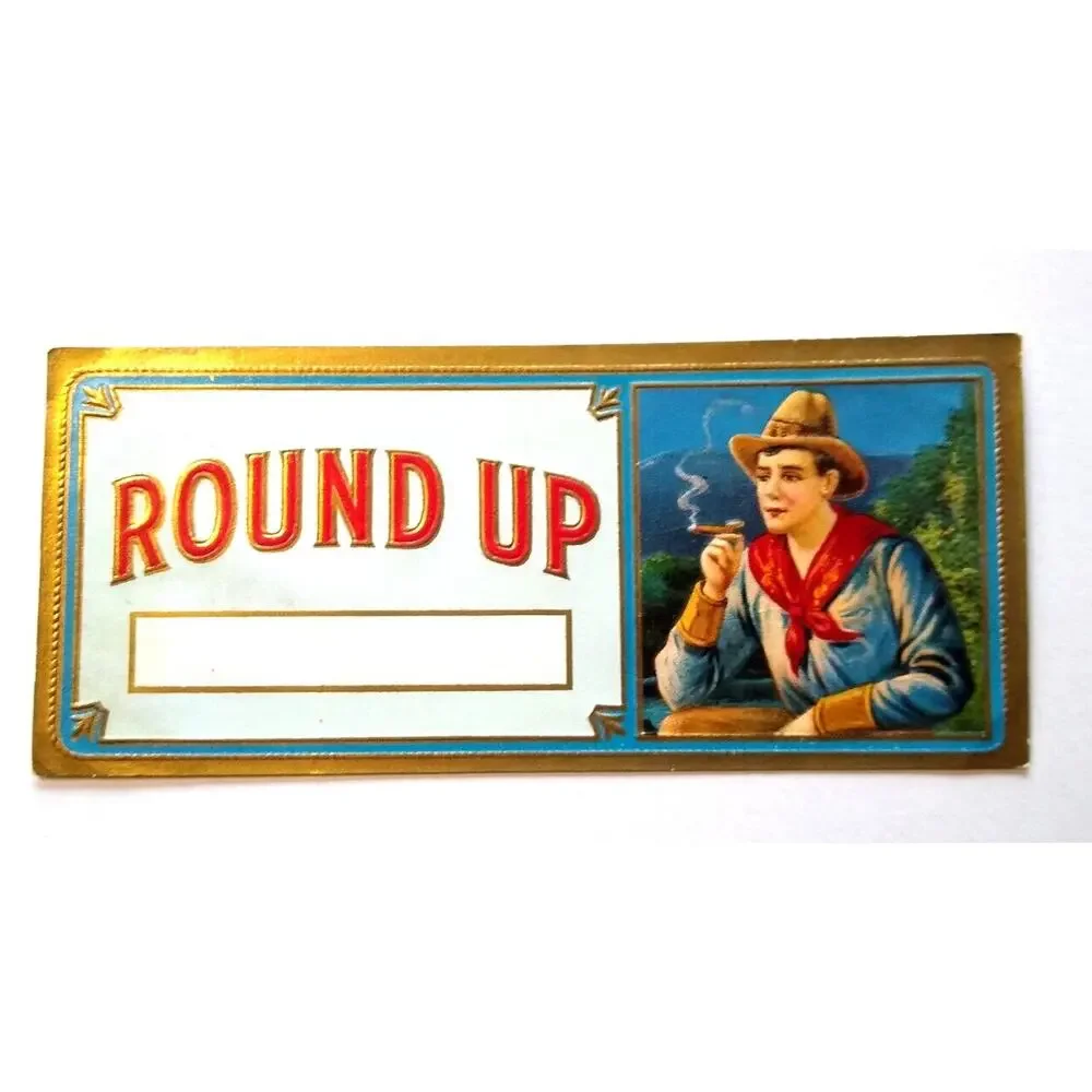 Round Up Cigar Tobacco Box Paper Label Cowboy Western Embossed Vintage Original